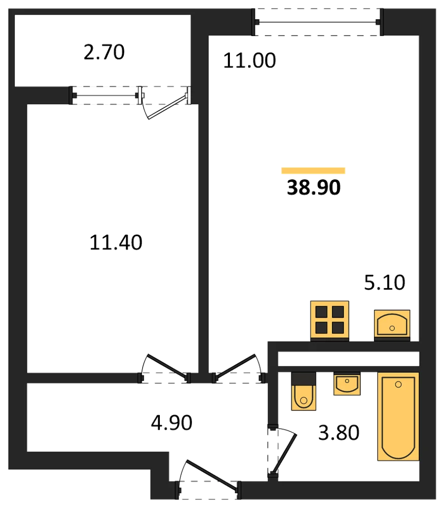 Планировка: 1-комн., 38,9 м²