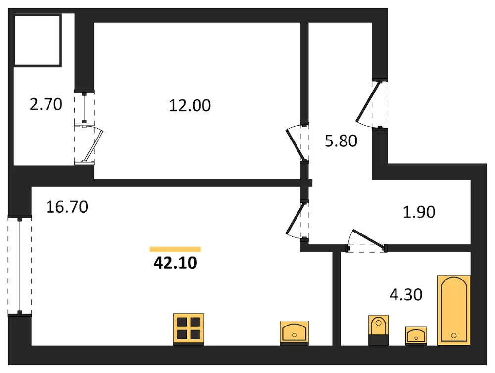 Планировка: 1-комн., 42,1 м²