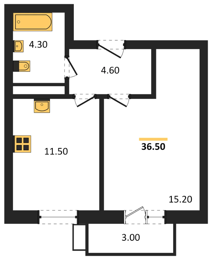 Планировка: 1-комн., 36,5 м²