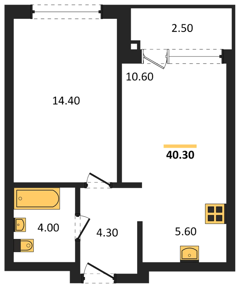 Планировка: 1-комн., 40,3 м²