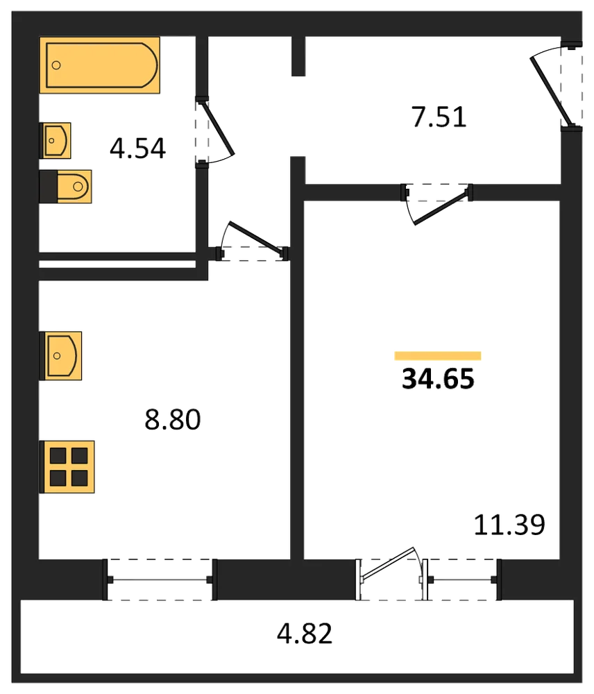 Планировка: 1-комн., 31,3 м²