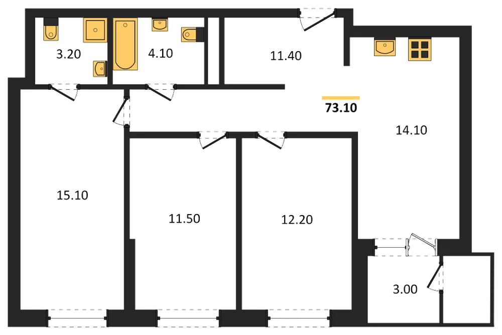Планировка: 3-комн., 73,1 м²
