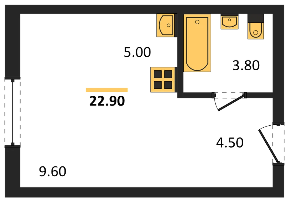 Планировка: Студия, 22,9 м²