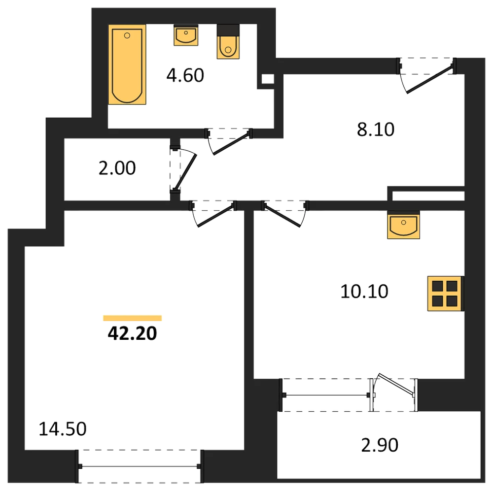 Планировка: 1-комн., 42,2 м²