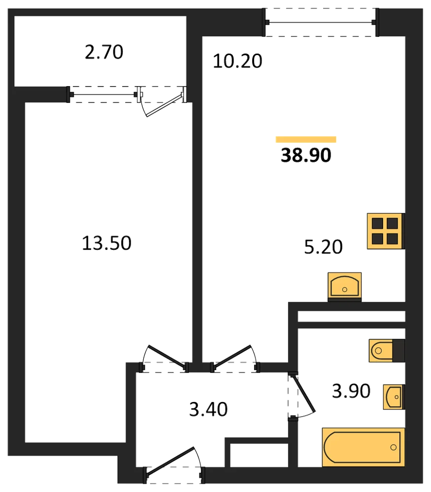 Планировка: 1-комн., 38,9 м²