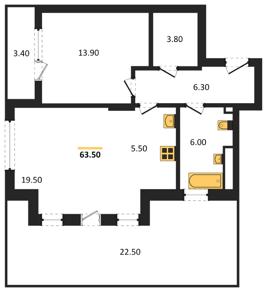 Планировка: 1-комн., 63,5 м²