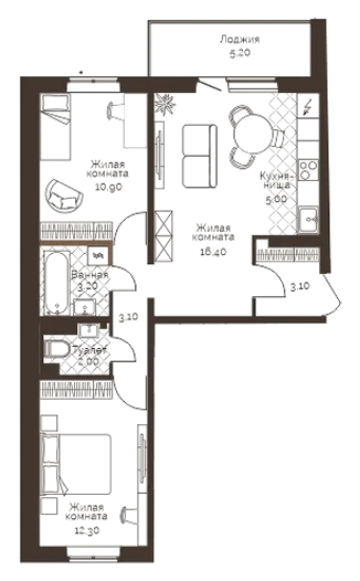 Планировка: 2-комн., 58,6 м²