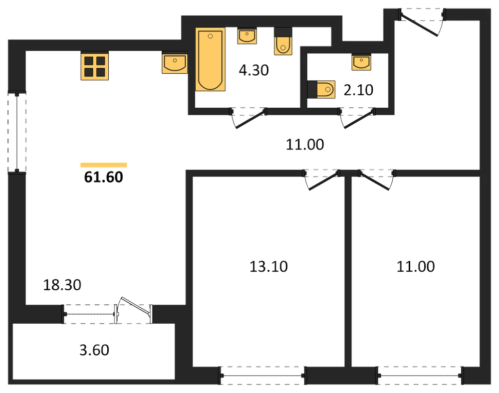 Планировка: 2-комн., 61,6 м²