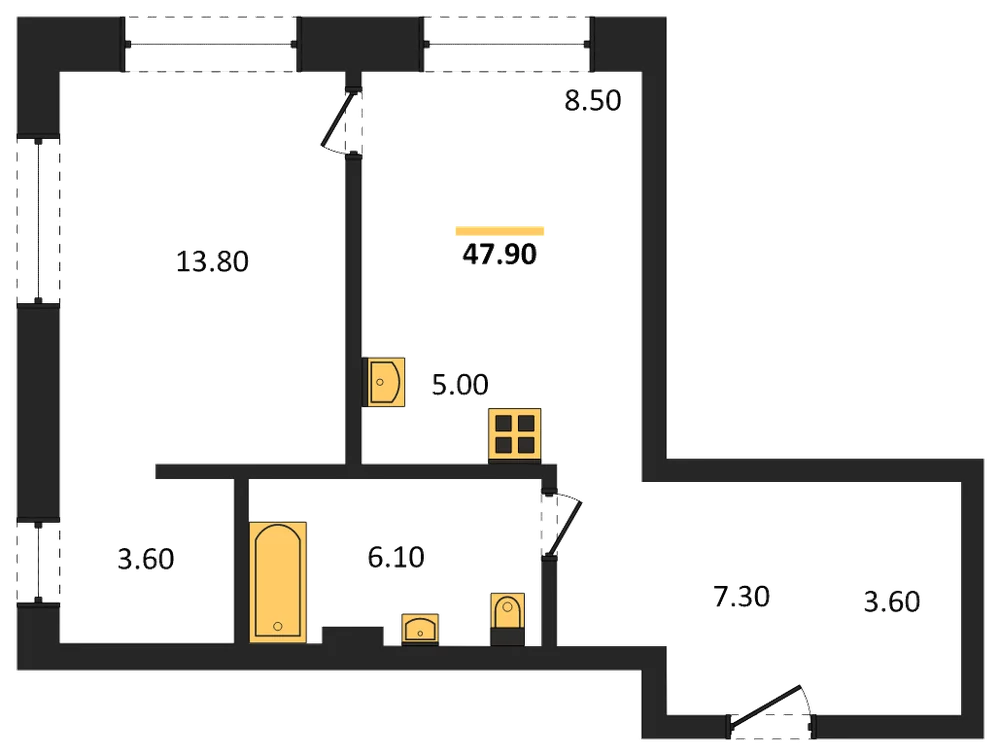 Планировка: 1-комн., 47,9 м²