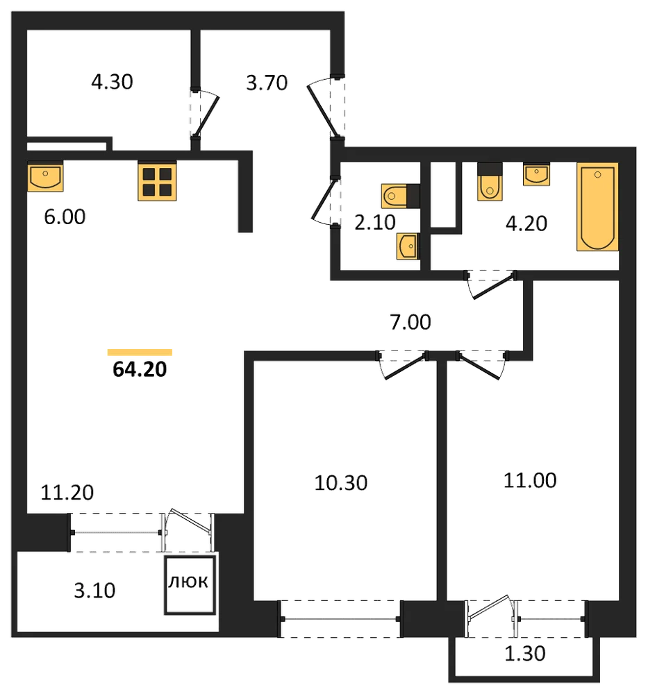 Планировка: 2-комн., 64,2 м²