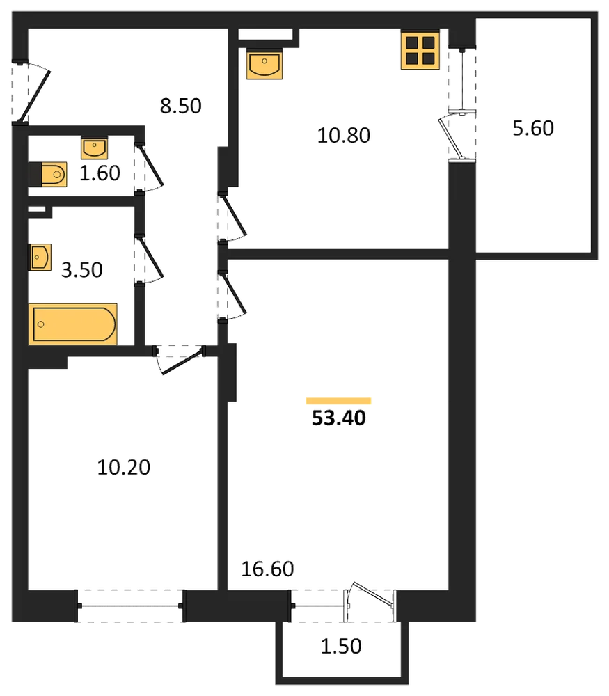 Планировка: 2-комн., 53,4 м²
