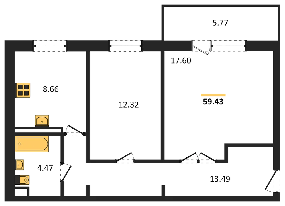 Планировка: 2-комн., 59,4 м²