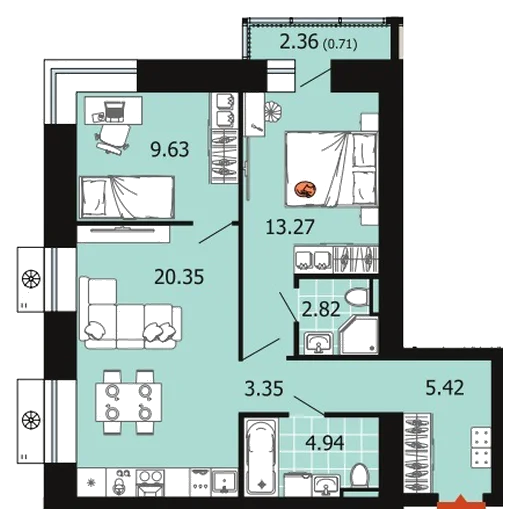 Планировка: 2-комн., 60,5 м²