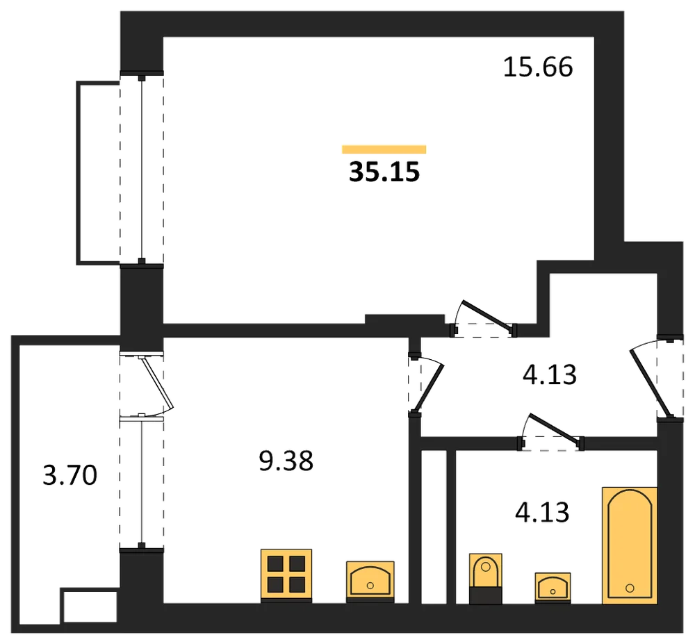 Планировка: 1-комн., 35,2 м²