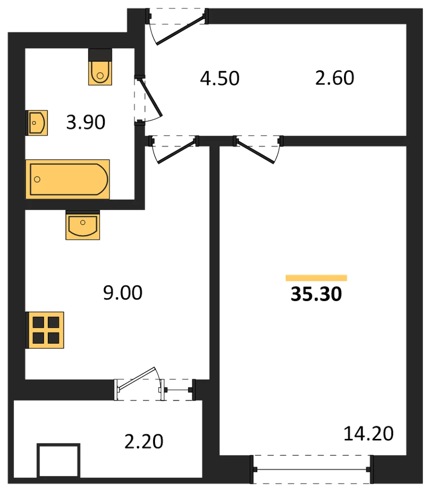 Планировка: 1-комн., 35,3 м²