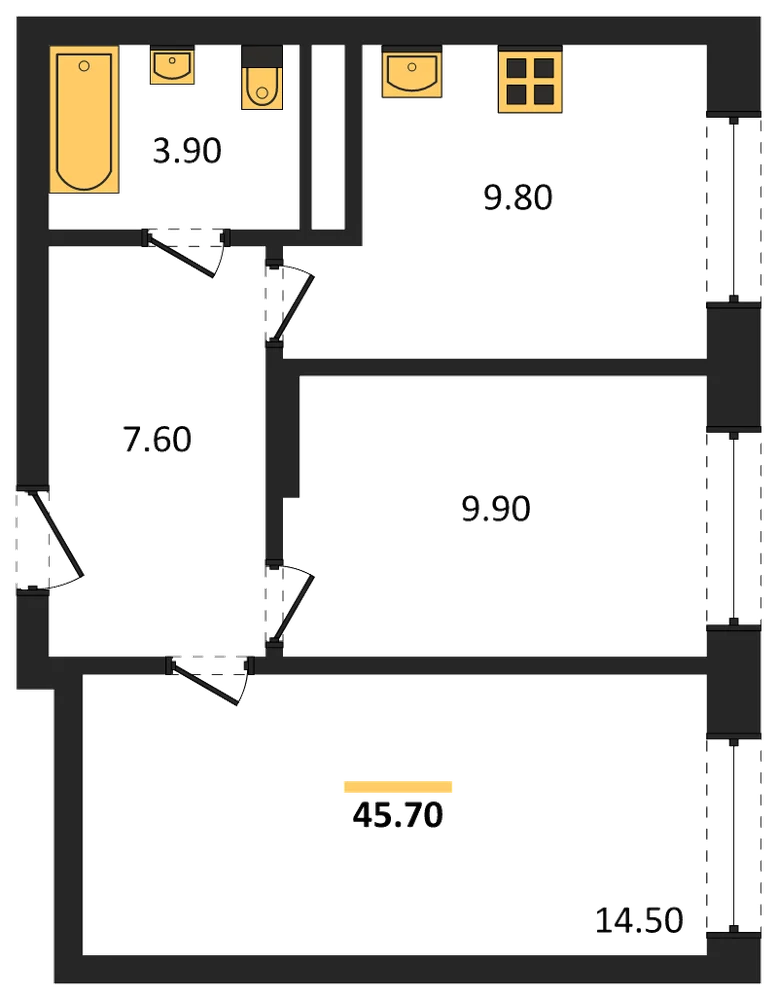 Планировка: 2-комн., 45,7 м²