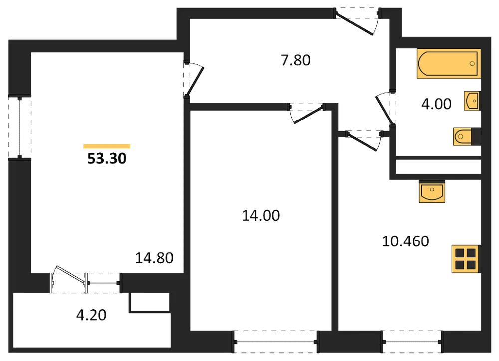 Планировка: 2-комн., 53,3 м²
