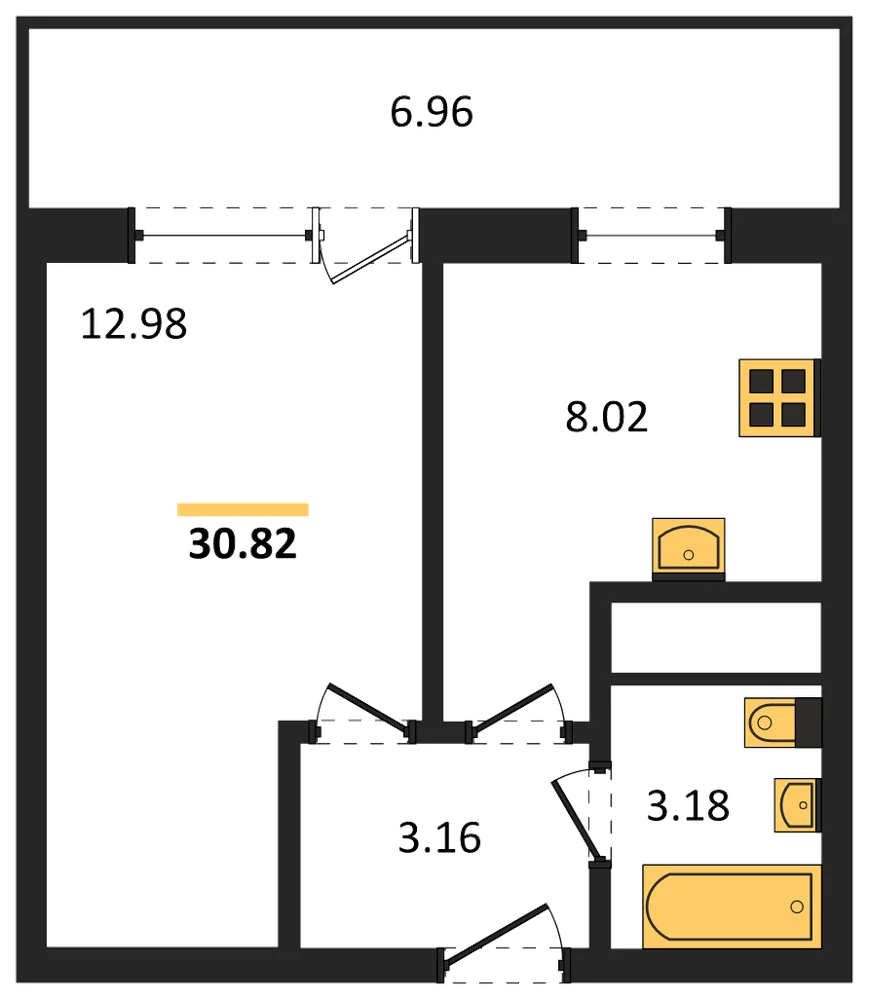 Планировка: 1-комн., 30,8 м²