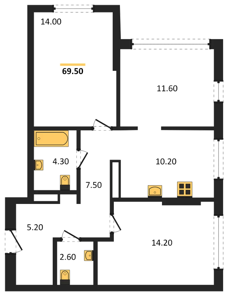 Планировка: 3-комн., 69,5 м²