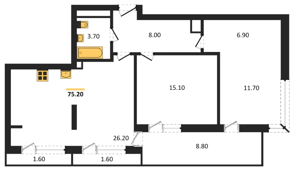 Планировка: 2-комн., 75,2 м²