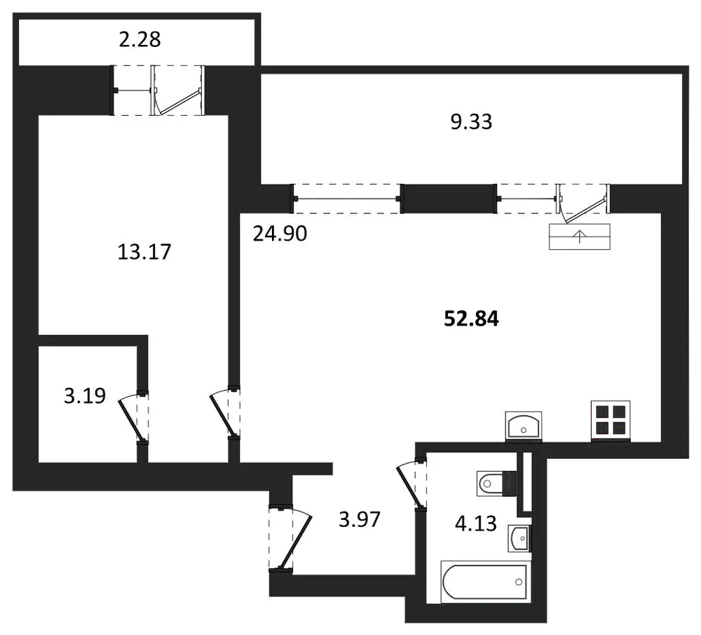 Планировка: 1-комн., 52,8 м²