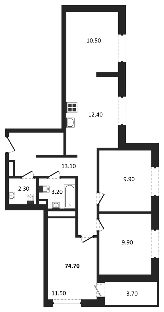 Планировка: 3-комн., 74,7 м²