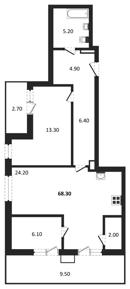 Планировка: 1-комн., 68,3 м²