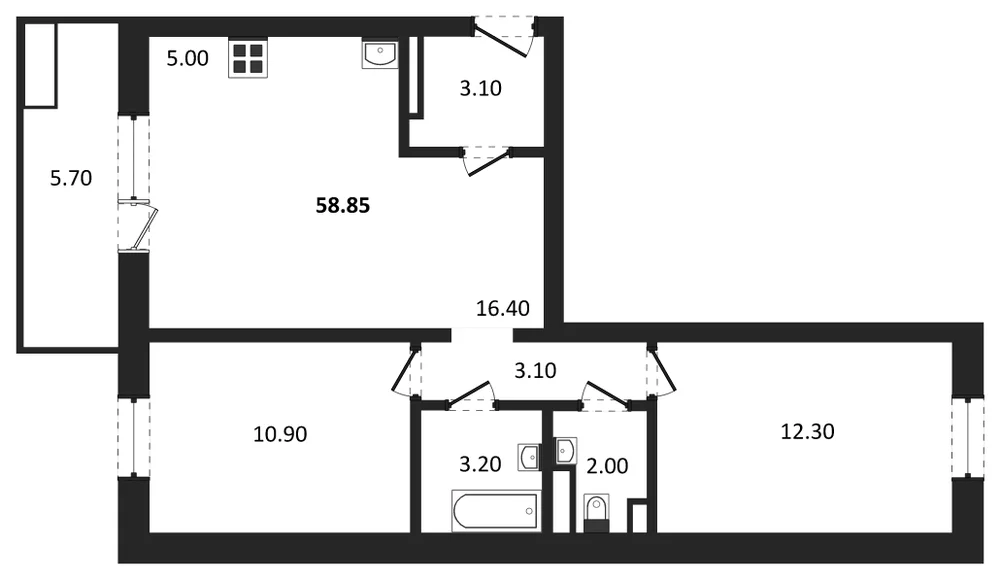 Планировка: 2-комн., 58,9 м²
