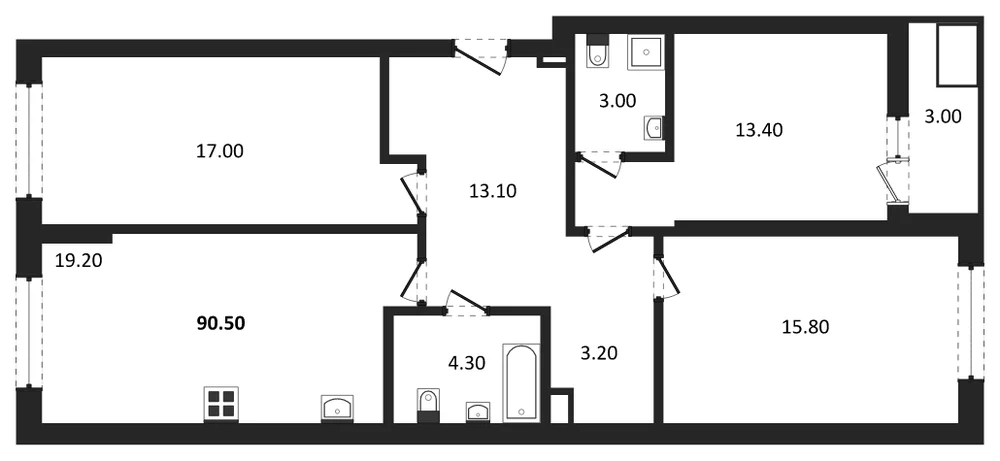 Планировка: 3-комн., 90,5 м²