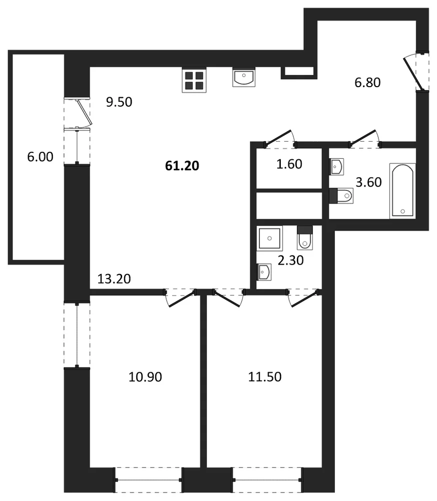 Планировка: 2-комн., 61,2 м²