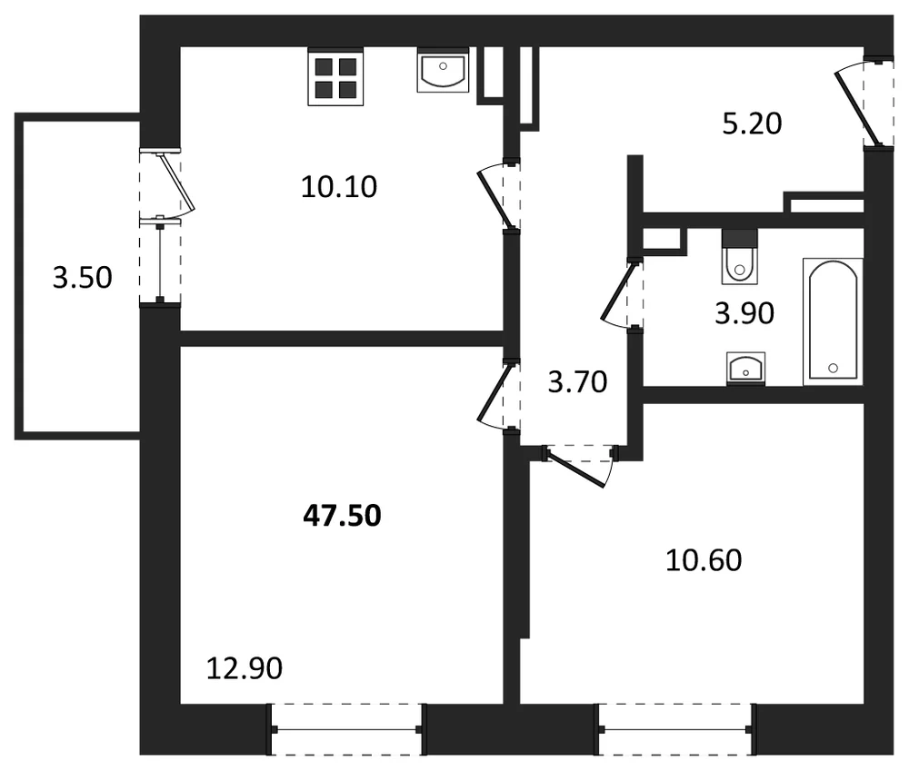 Планировка: 2-комн., 47,5 м²