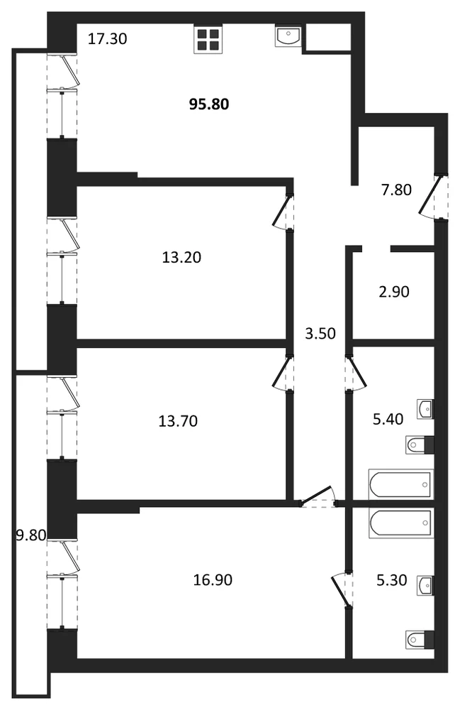 Планировка: 3-комн., 88,9 м²