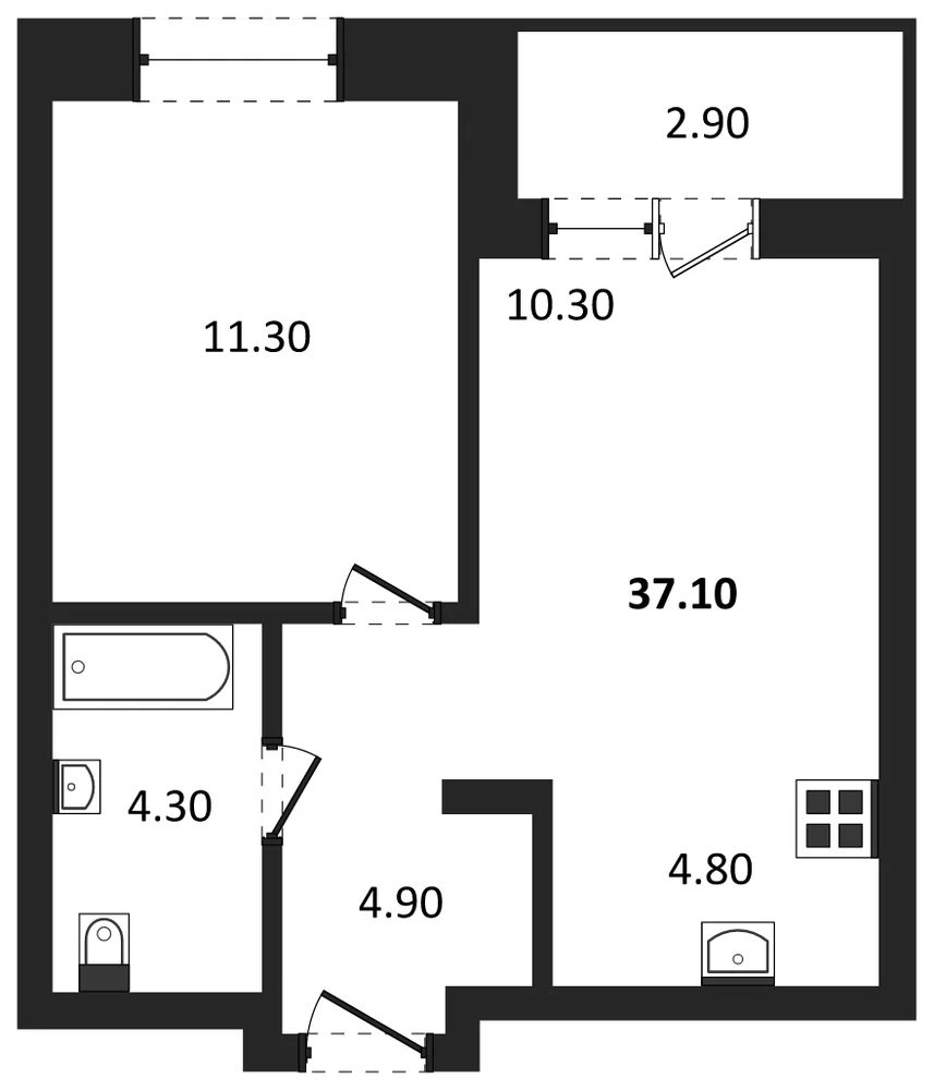 Планировка: 1-комн., 37,1 м²