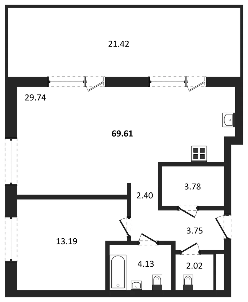 Планировка: 1-комн., 69,1 м²