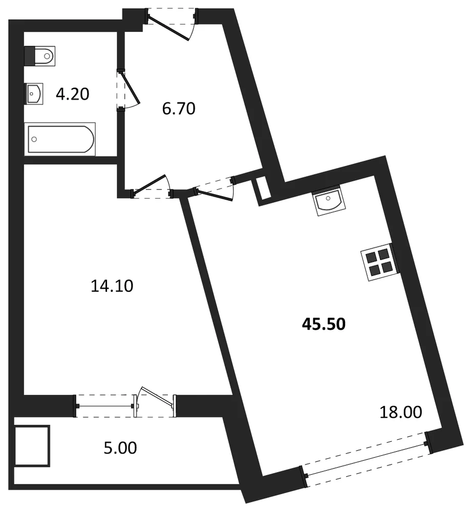 Планировка: 1-комн., 45,5 м²