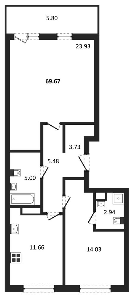 Планировка: 2-комн., 69,7 м²