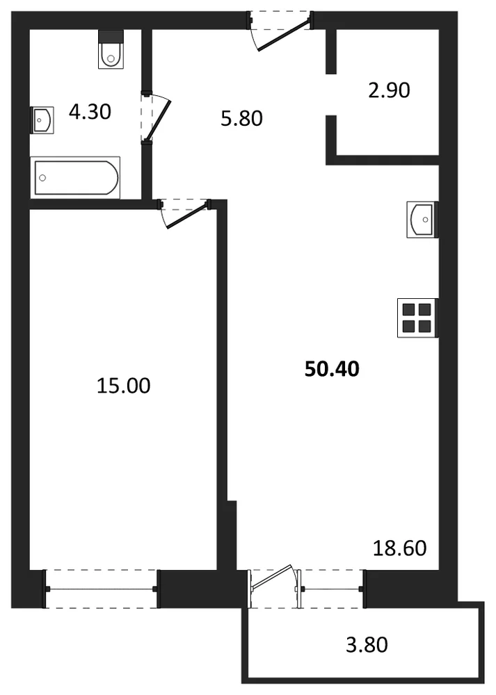 Планировка: 1-комн., 47,7 м²