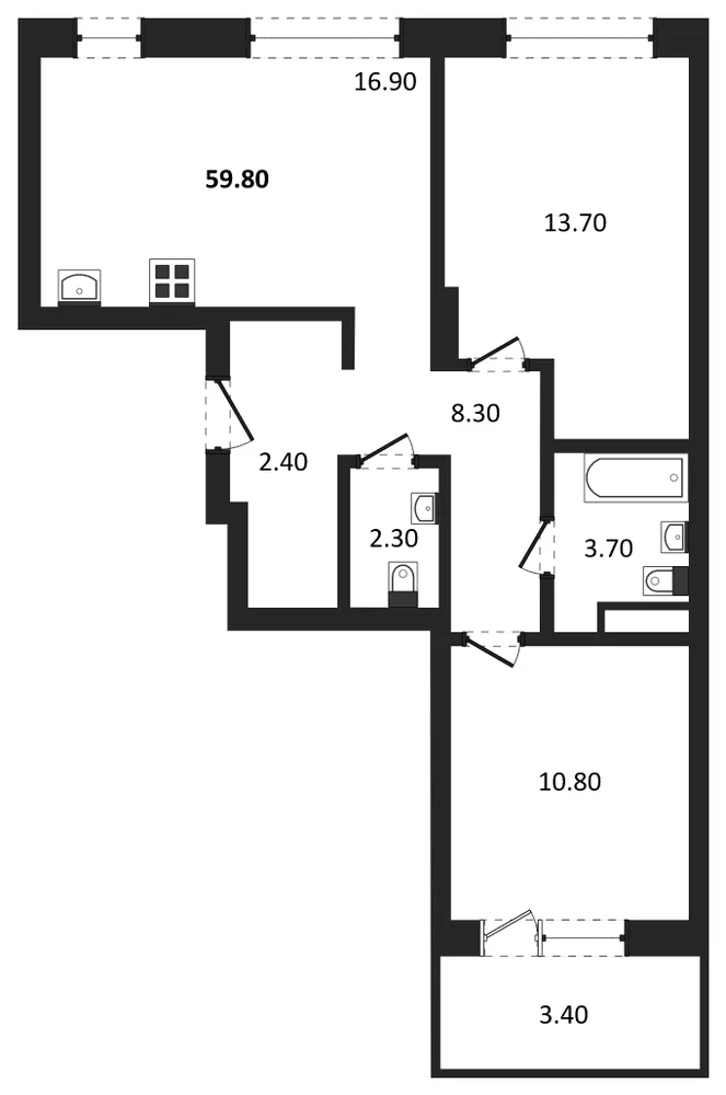 Планировка: 2-комн., 59,8 м²