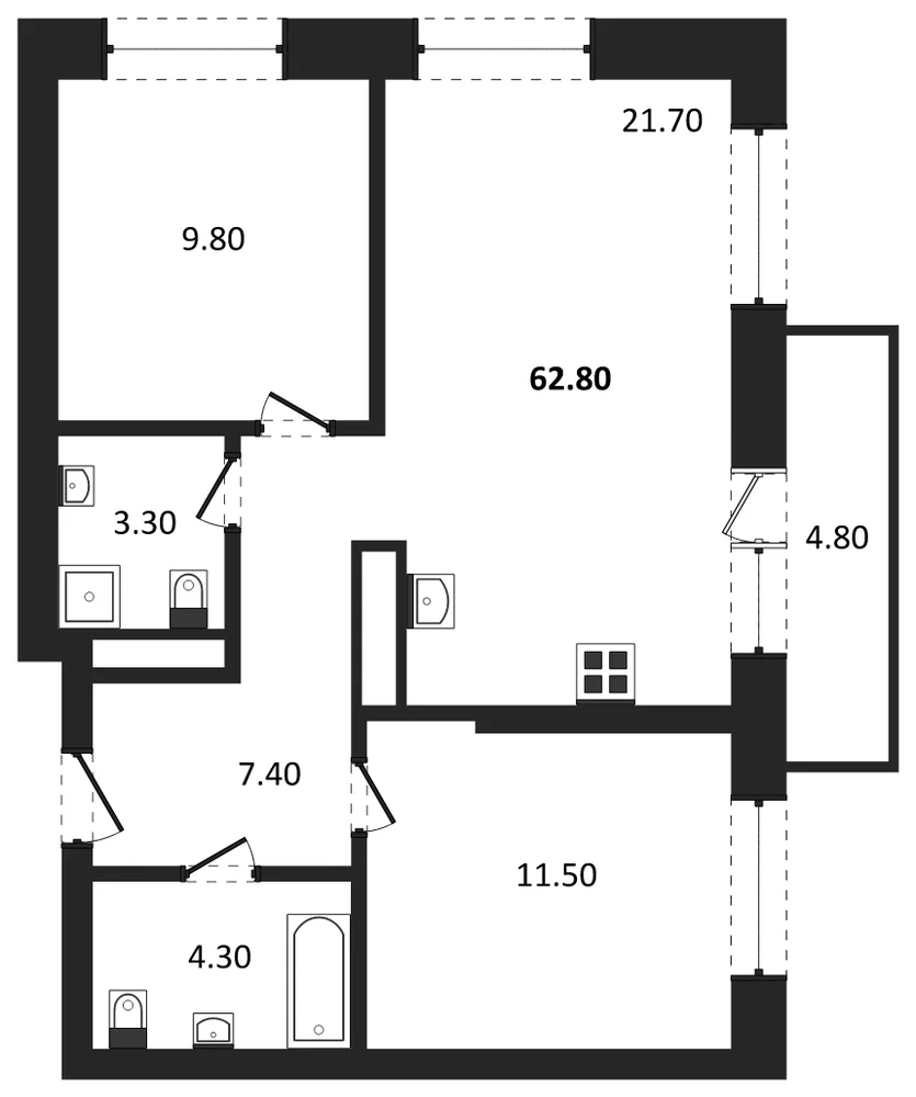 Планировка: 2-комн., 59,4 м²