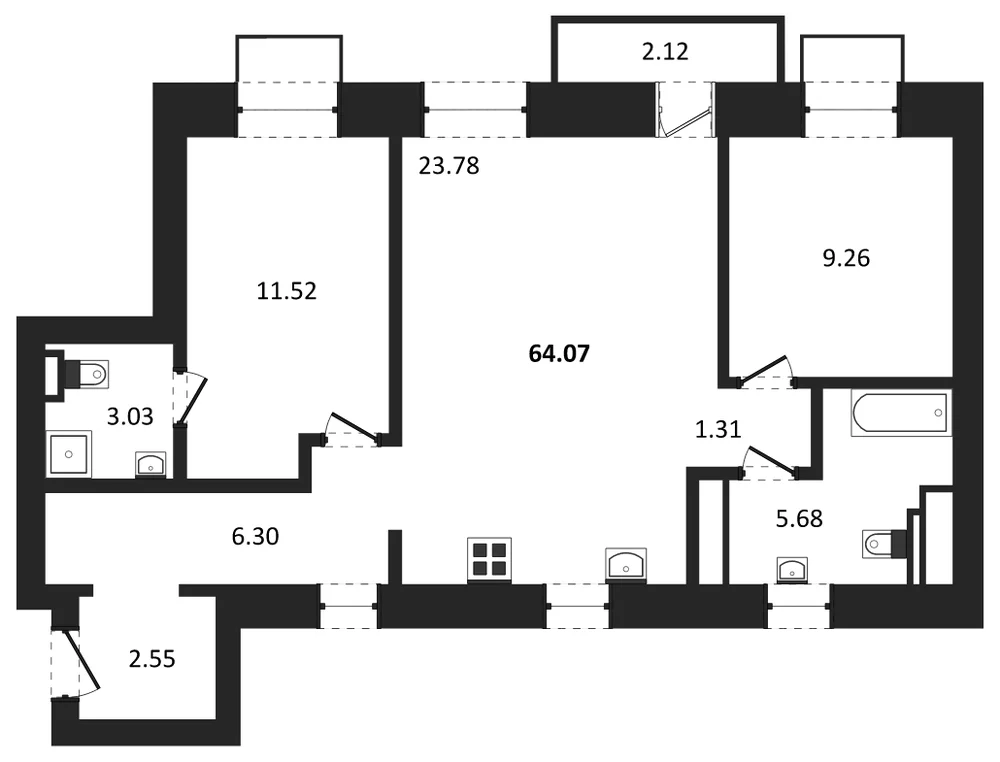 Планировка: 2-комн., 64,1 м²