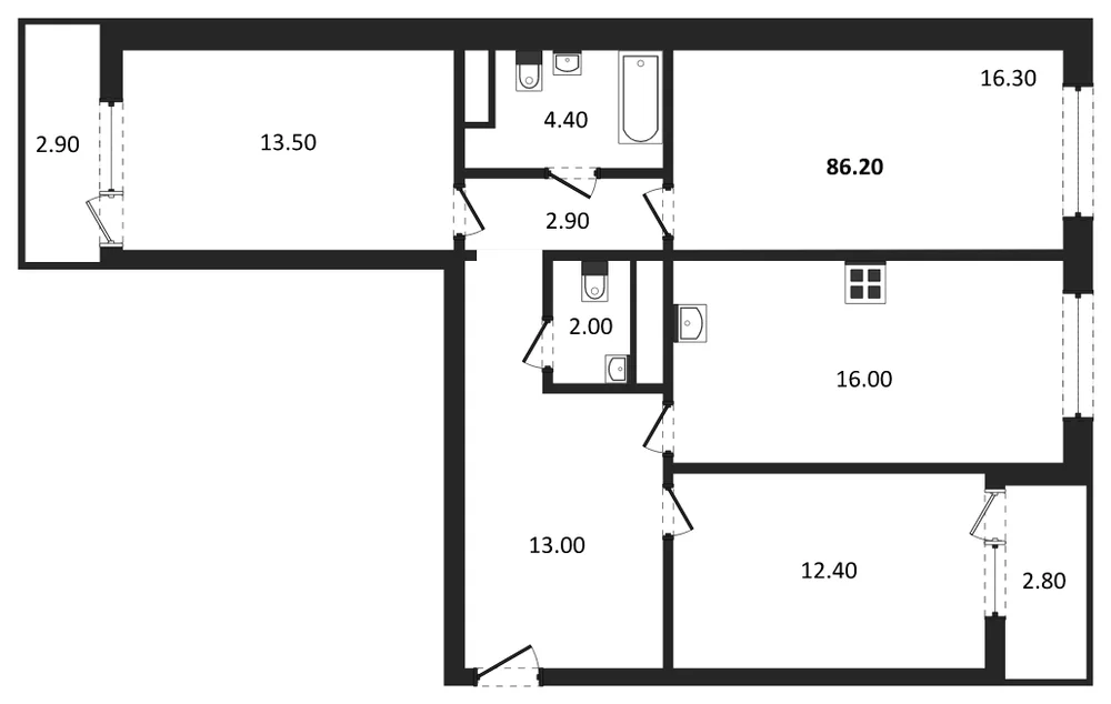 Планировка: 3-комн., 86,2 м²