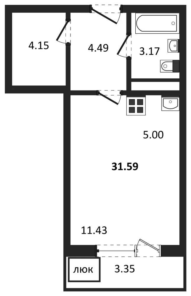 Планировка: Студия, 31,6 м²