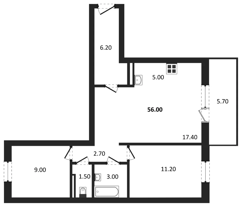 Планировка: 2-комн., 55,7 м²