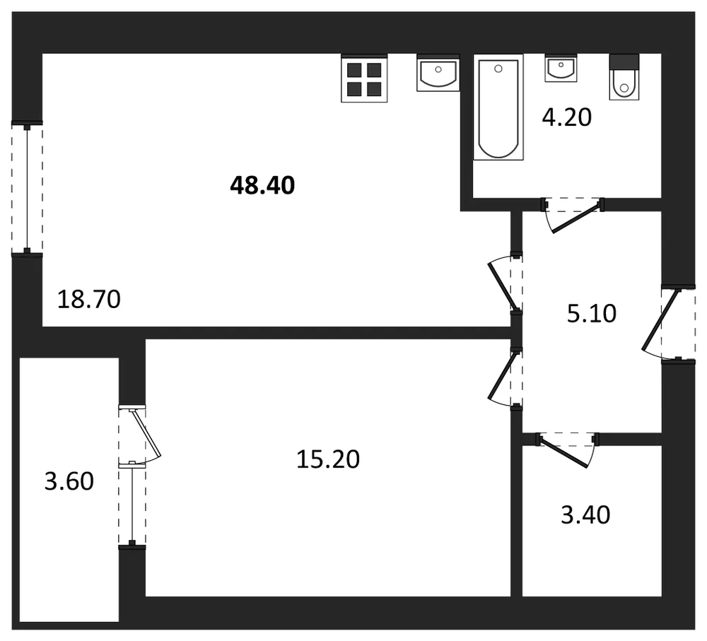 Планировка: 1-комн., 48,3 м²