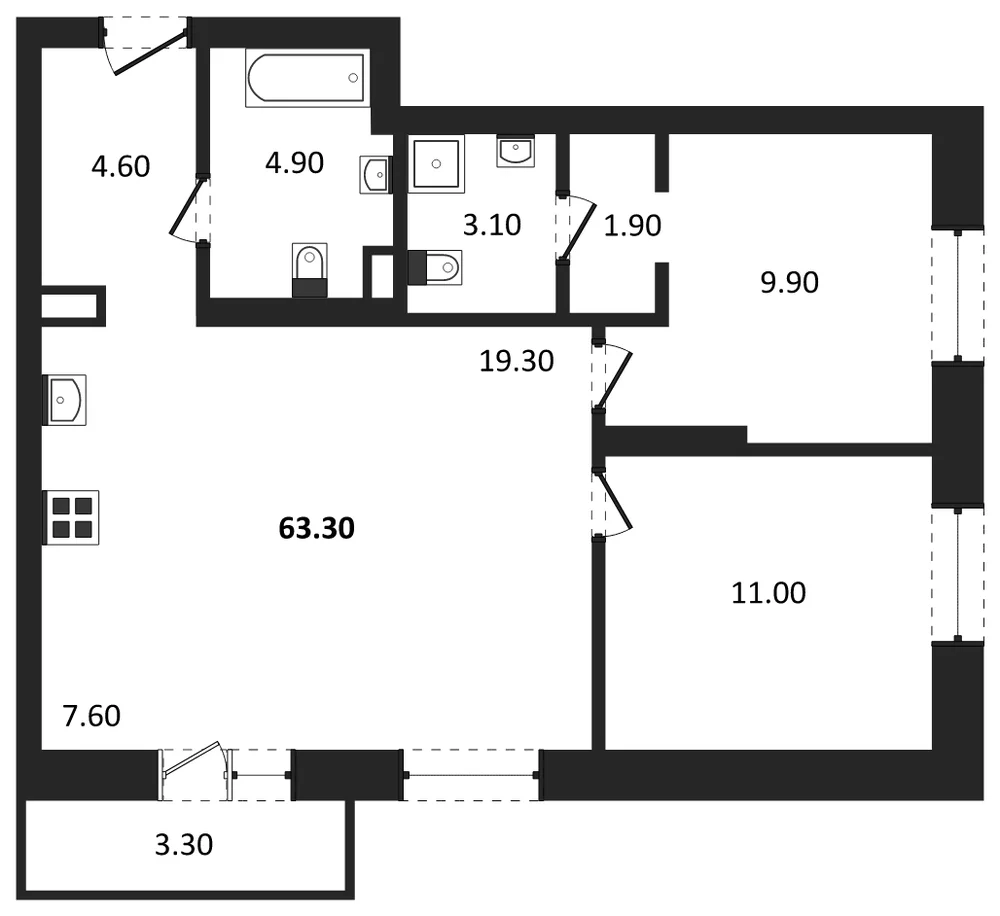 Планировка: 2-комн., 63,3 м²