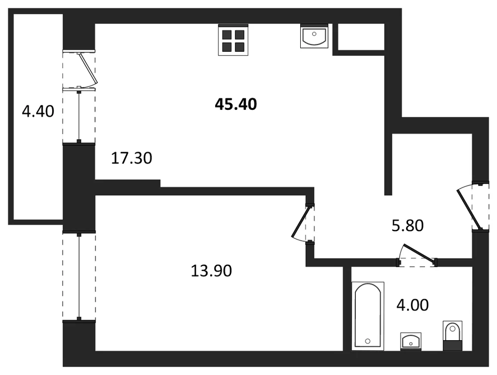 Планировка: 1-комн., 42,3 м²