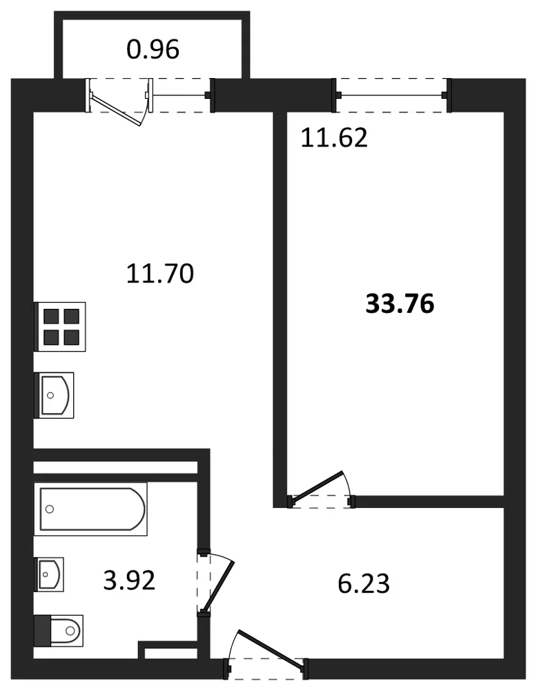 Планировка: 1-комн., 33,8 м²
