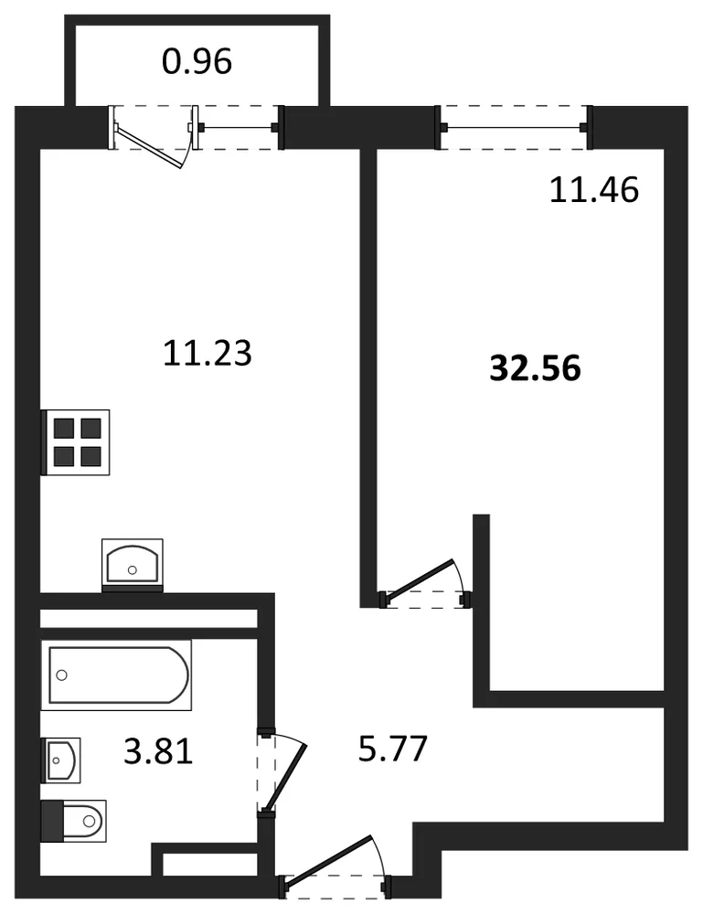 Планировка: 1-комн., 32,6 м²