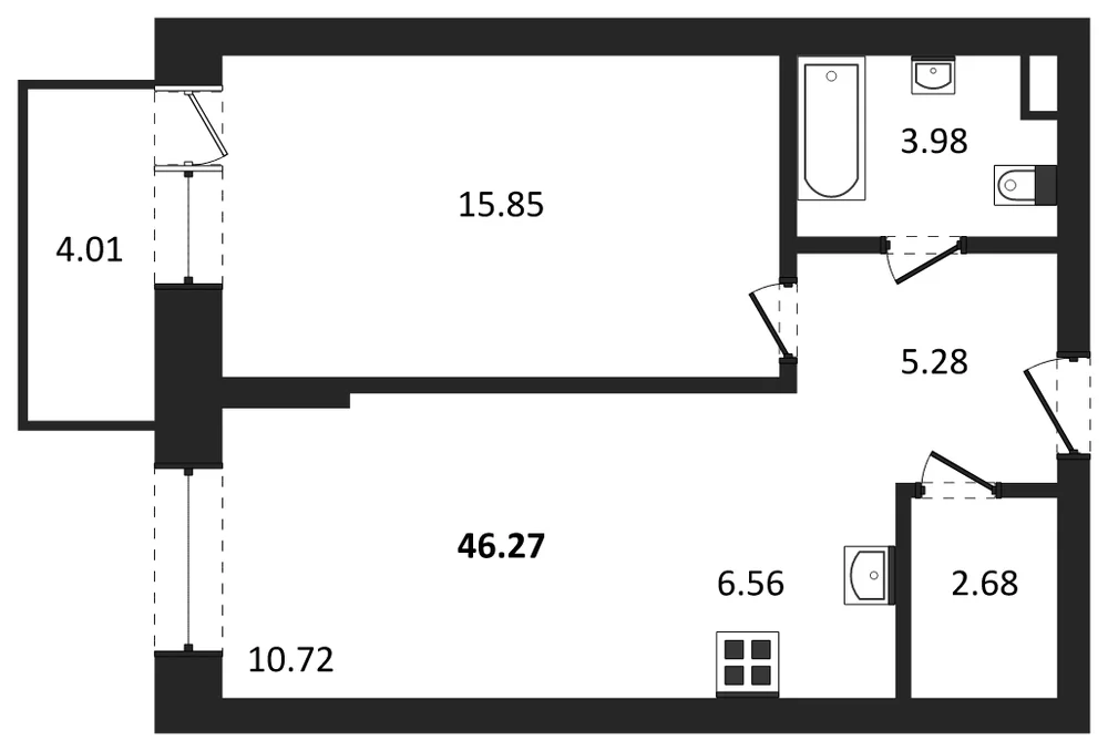 Планировка: 1-комн., 46,3 м²