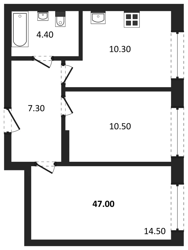 Планировка: 2-комн., 47 м²